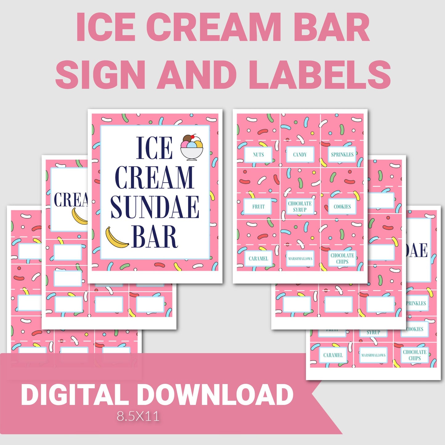 Ice Cream Bar Sign and Topping Labels, Ice Cream Bar Sprinkles, Pink, Party Sign, Party Decoration, Printable