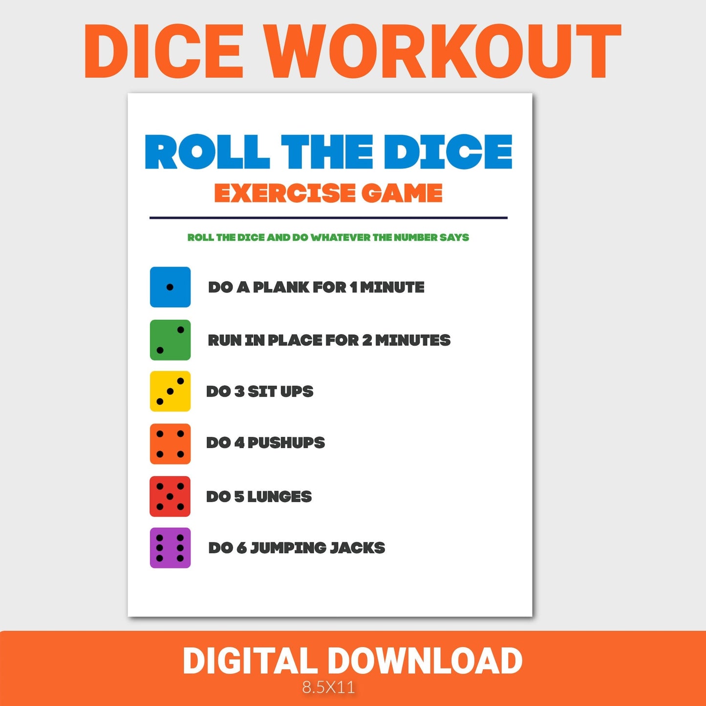 Workout Dice Game, Brain Break, Roll the Dice Workout for Kids, Kids Classroom Activity, Printable Exercise Activity