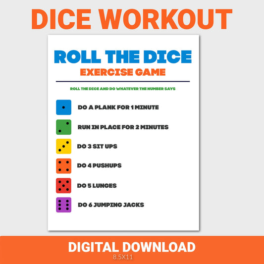 Workout Dice Game, Brain Break, Roll the Dice Workout for Kids, Kids Classroom Activity, Printable Exercise Activity