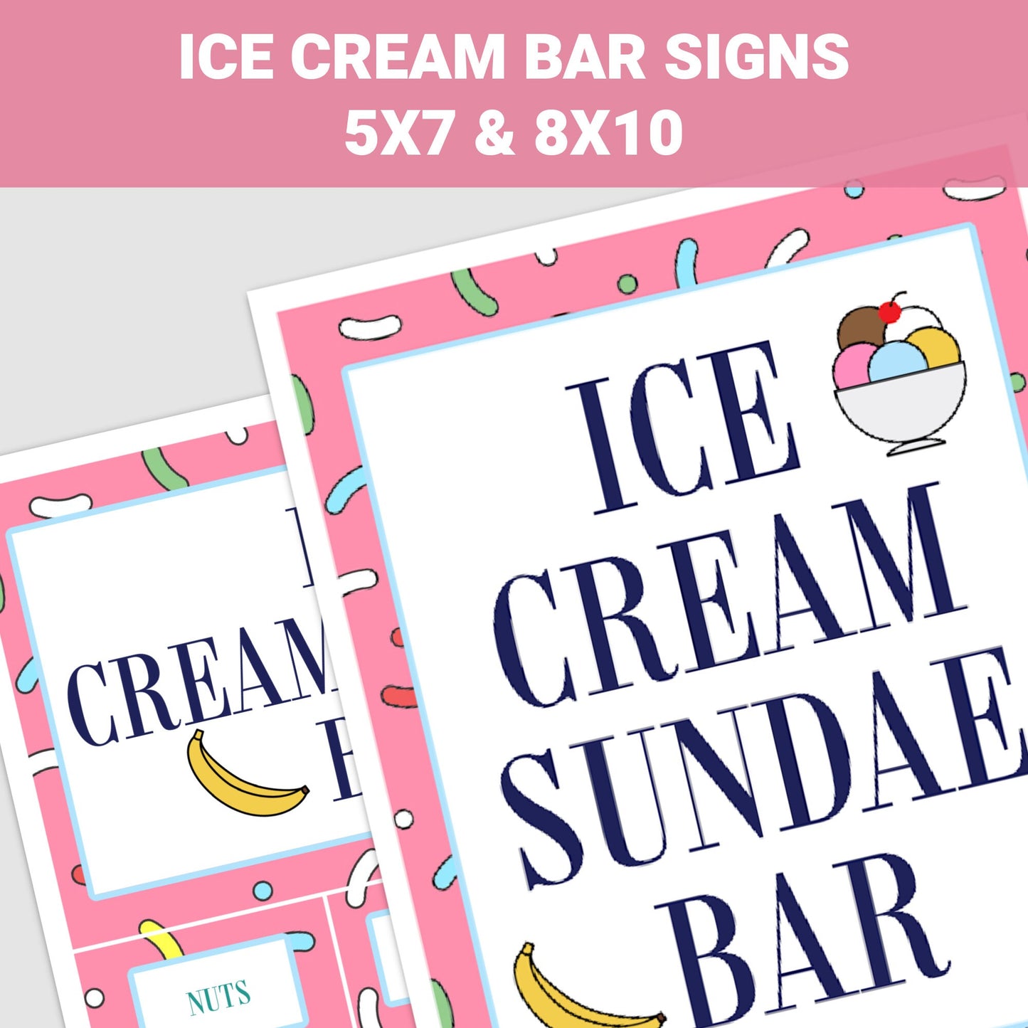 Ice Cream Bar Sign and Topping Labels, Ice Cream Bar Sprinkles, Pink, Party Sign, Party Decoration, Printable