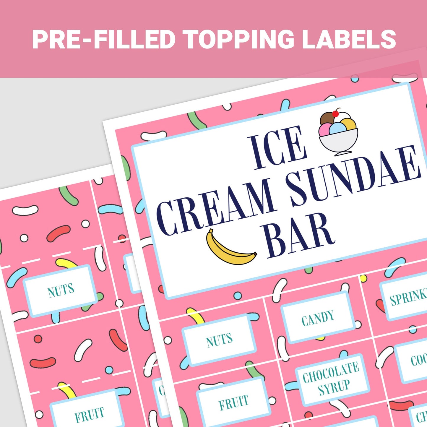 Ice Cream Bar Sign and Topping Labels, Ice Cream Bar Sprinkles, Pink, Party Sign, Party Decoration, Printable