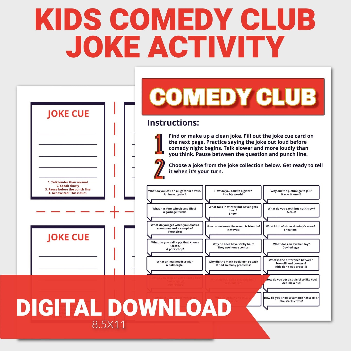 Kids Comedy Club Activity, Jokes for Kids, Printable Jokes, Jokes for Children, Family Jokes, Silly, Funny Jokes for Kids