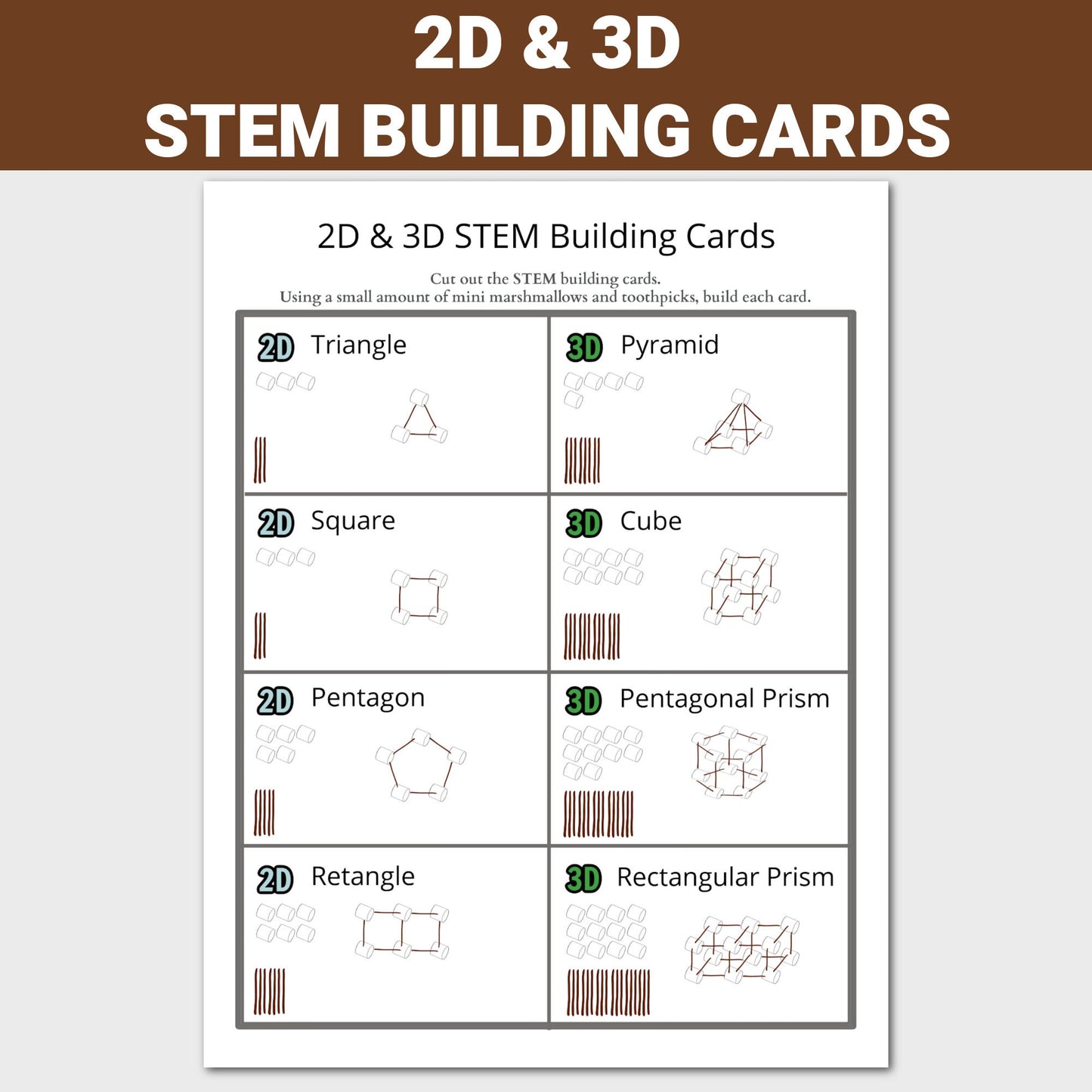 Marshmallow and Tooth Pick Stem Building Cards, STEM Activity, Printable STEM Activities, Engineering Building