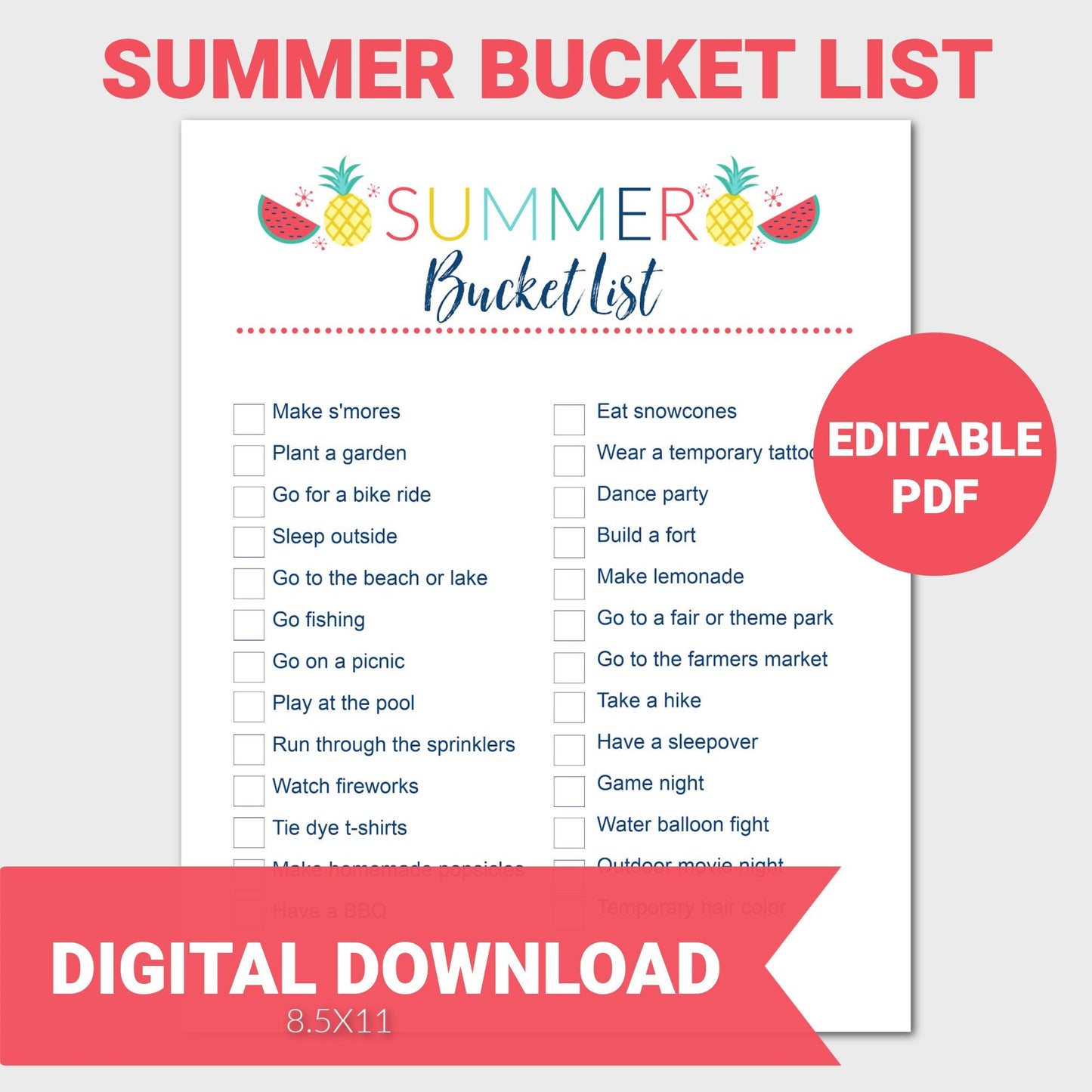 Editable Summer Bucket List, Bucket List Printable, Summer Checklist, Kids Activities, Printable, Instant Download, PDF