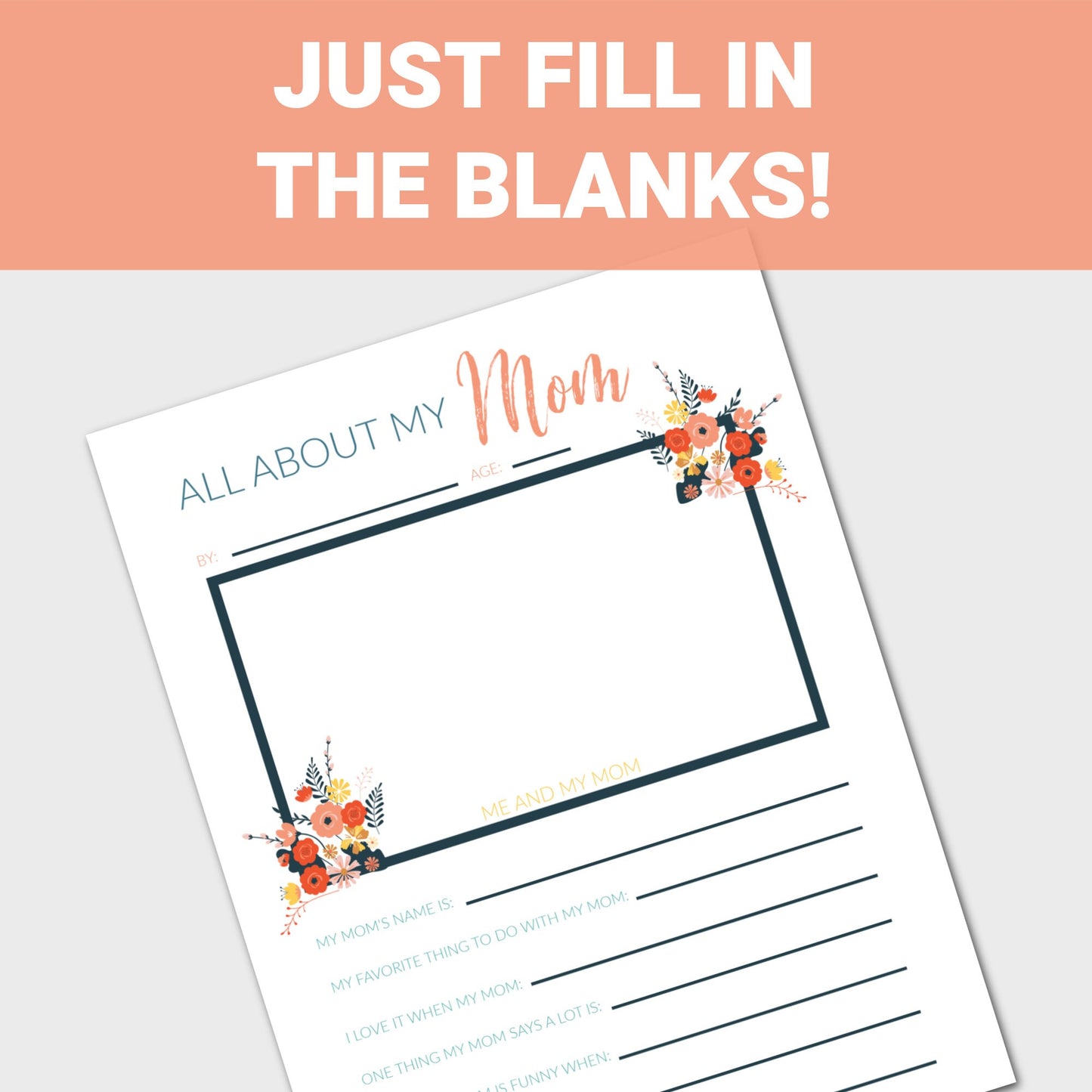 All About My Mom Fill in the Blank Printable Worksheet, Mother's Day Activity, About My Mom, Mother's Day Printable