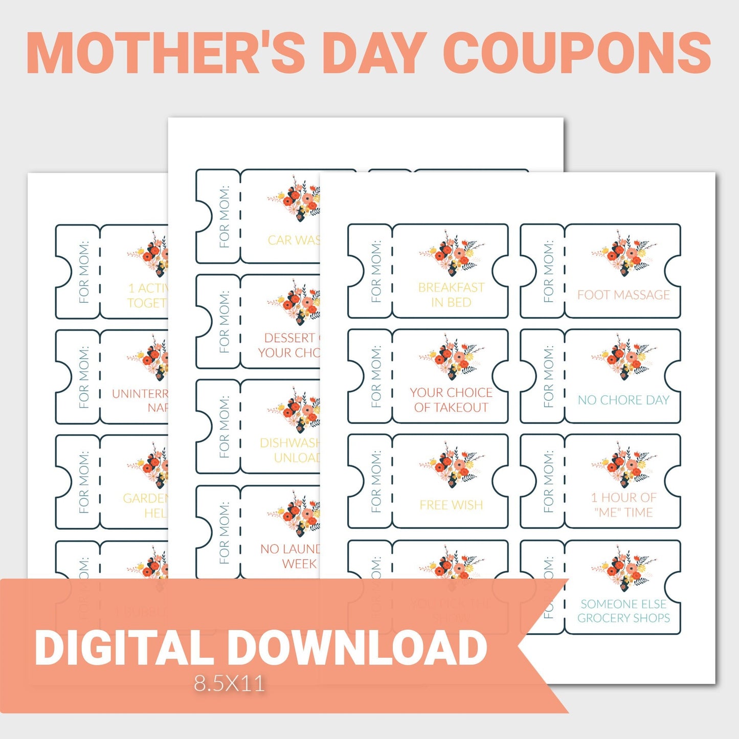 Mother's Day Coupons, Mother's Day Gift, Mother's Day Coupon Book, Printable Mother's Day Coupons, Last Minute Mother's Day