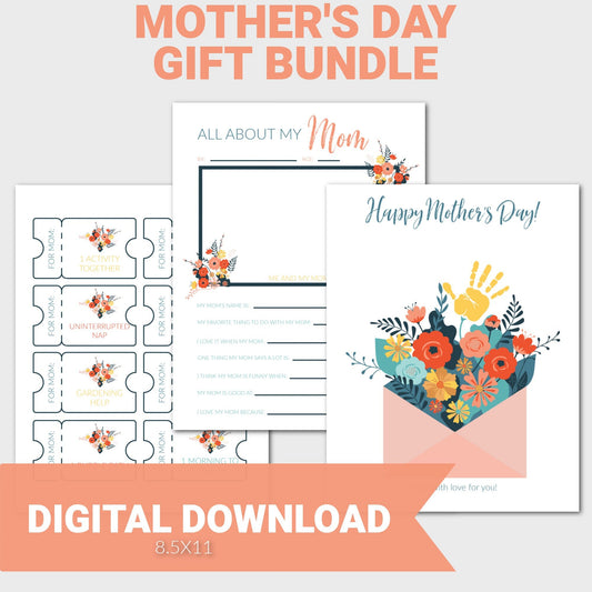 Mother's Day Printable Bundle, Mother's Day Floral Handprint Craft, All About My Mom Fill in the Blank, Mother&#39;s Day Coupons, PDF