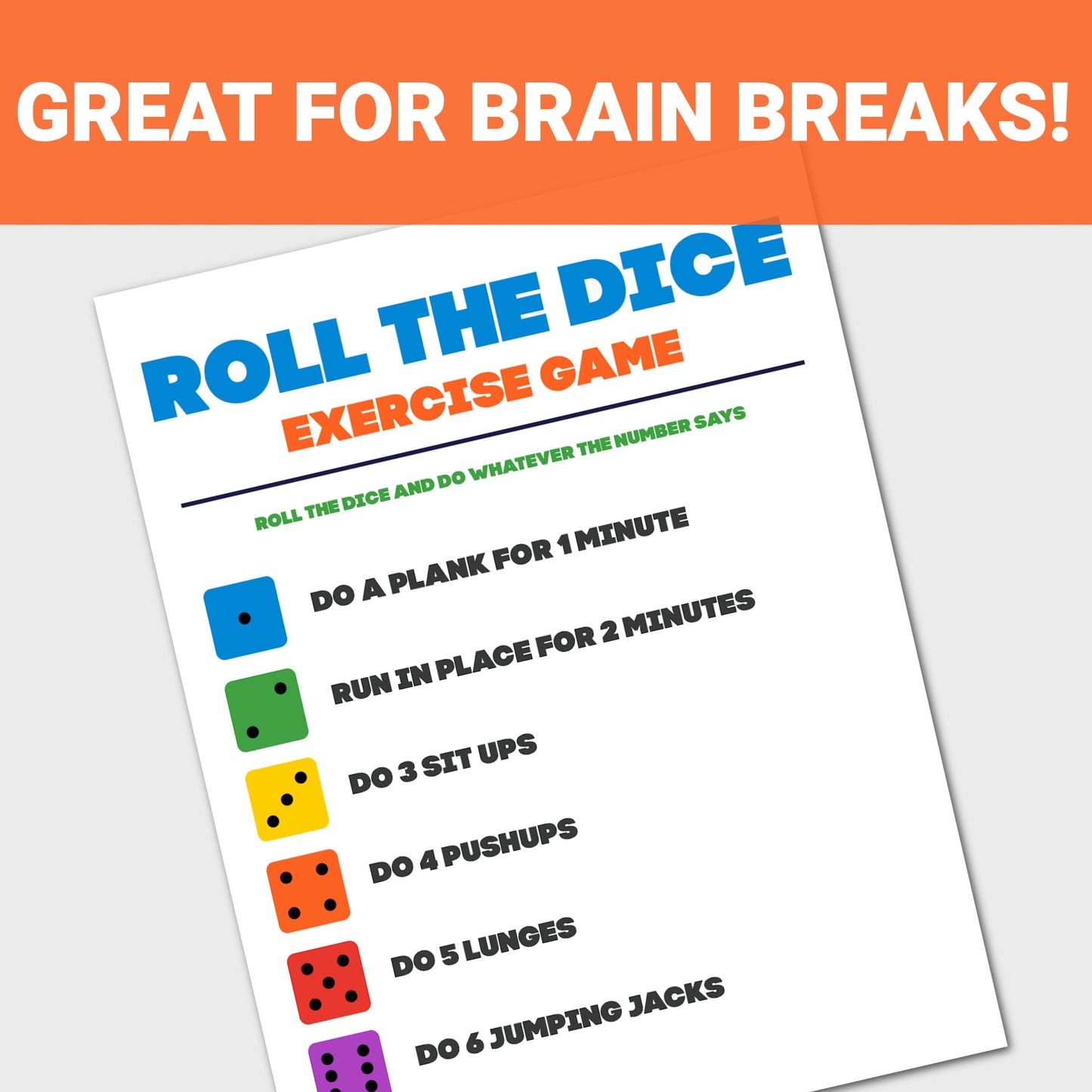 Workout Dice Game, Brain Break, Roll the Dice Workout for Kids, Kids Classroom Activity, Printable Exercise Activity