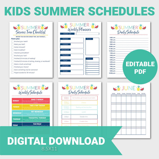 Kids Summer Schedule, Kids Schedule, Summer Calendar, Editable PDF, Screen Time Checklist, Summer Activity Schedule, Planner Printable