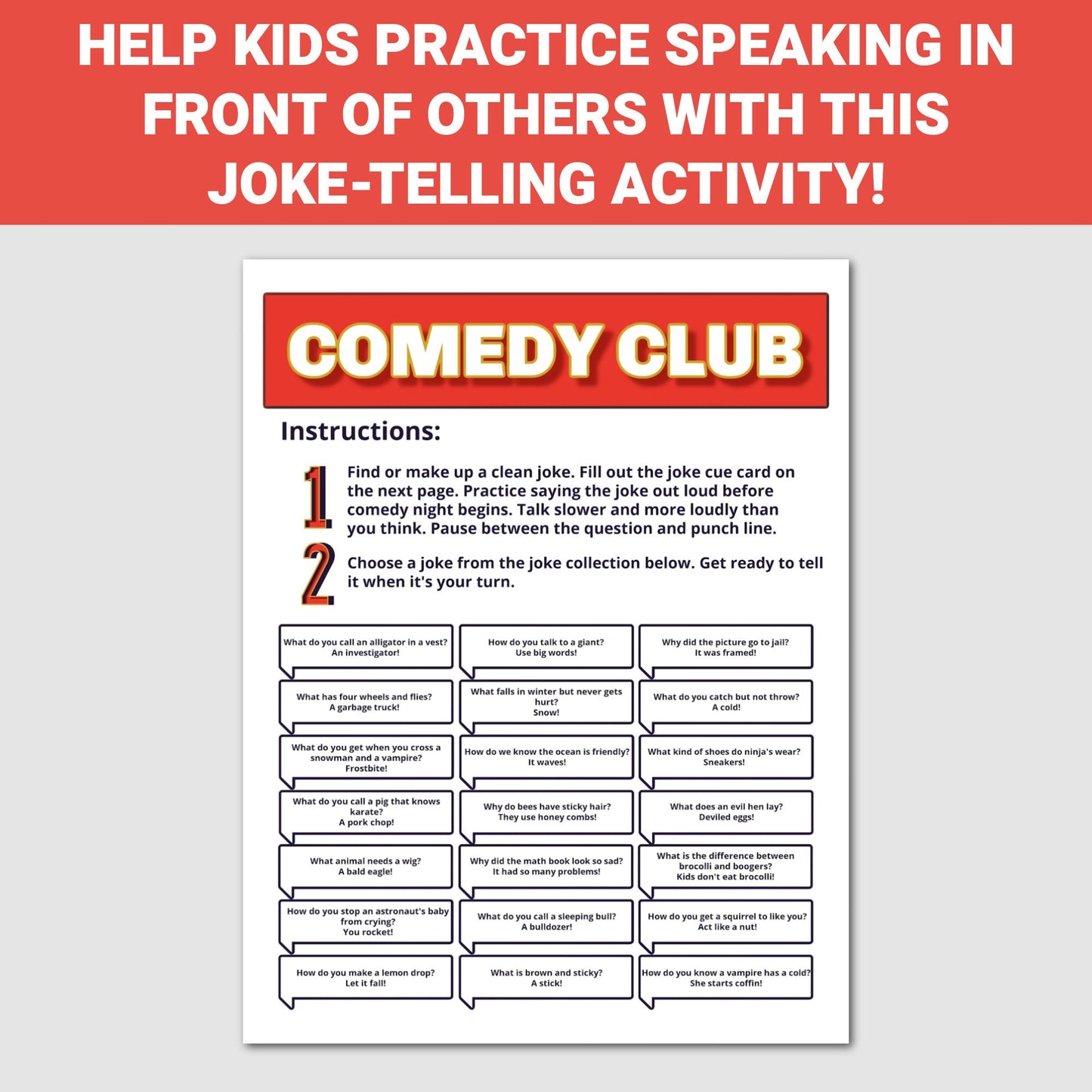 Kids Comedy Club Activity, Jokes for Kids, Printable Jokes, Jokes for Children, Family Jokes, Silly, Funny Jokes for Kids