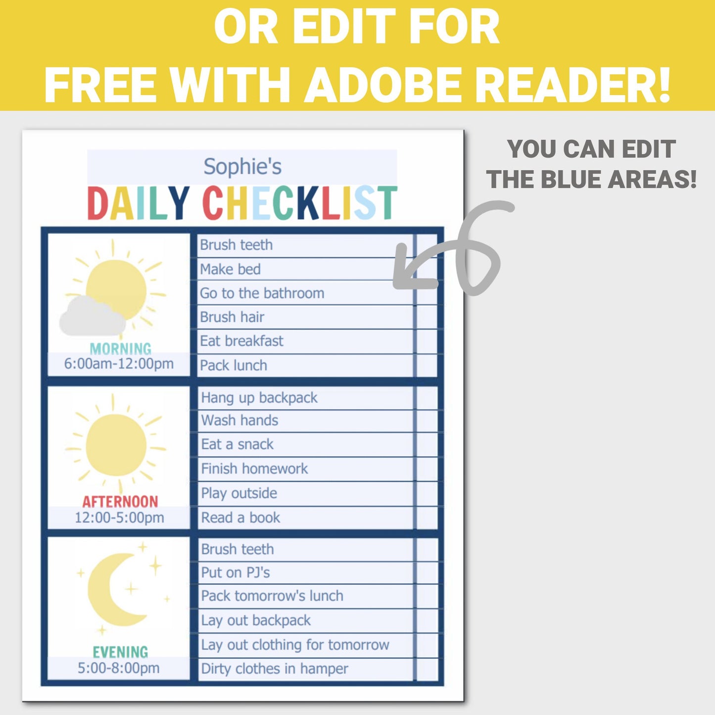 Kids Daily Checklist, Chore Chart for Kids, Responsibility Chart, Kids Daily Routine, Planner, Personalized To Do List, Editable PDF