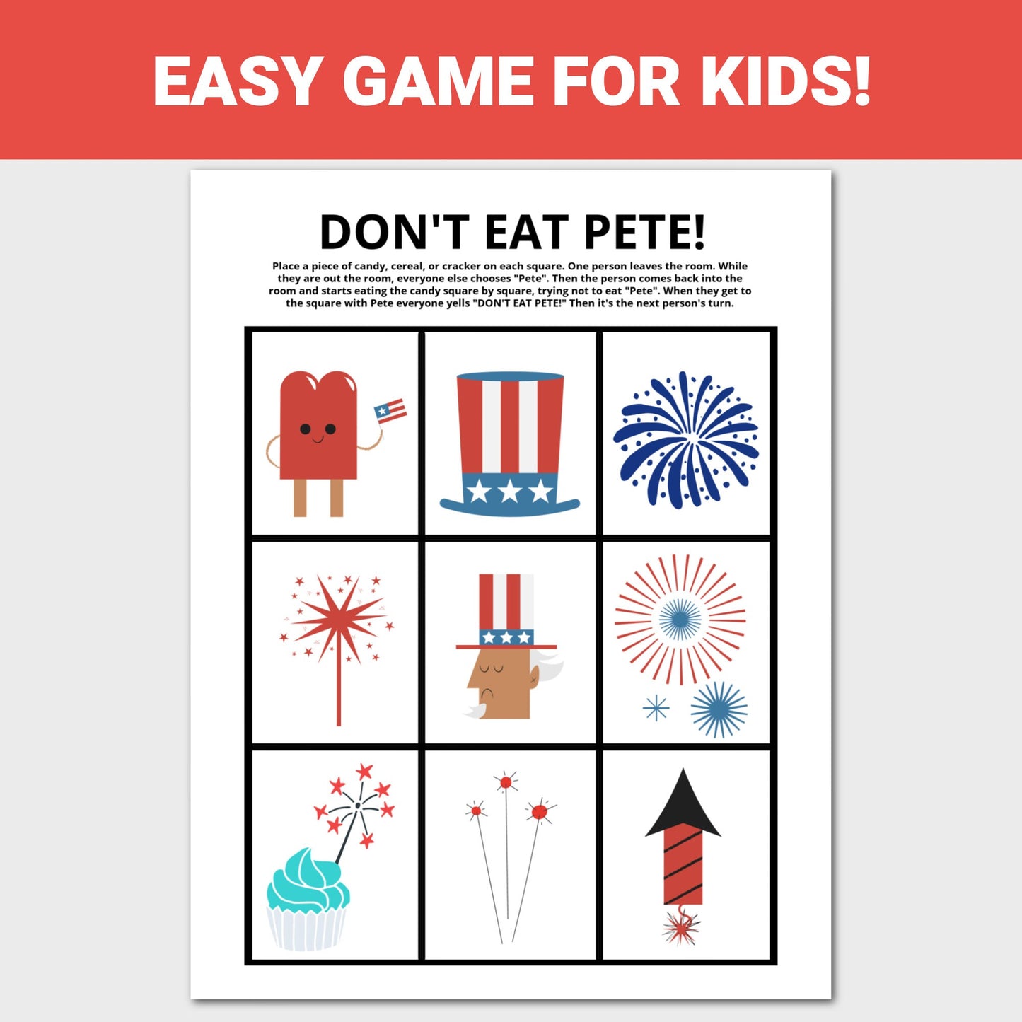 Patriotic Don't Eat Pete Game, 4th of July Games, 4th of July Party Game for Kids, Preschool Game