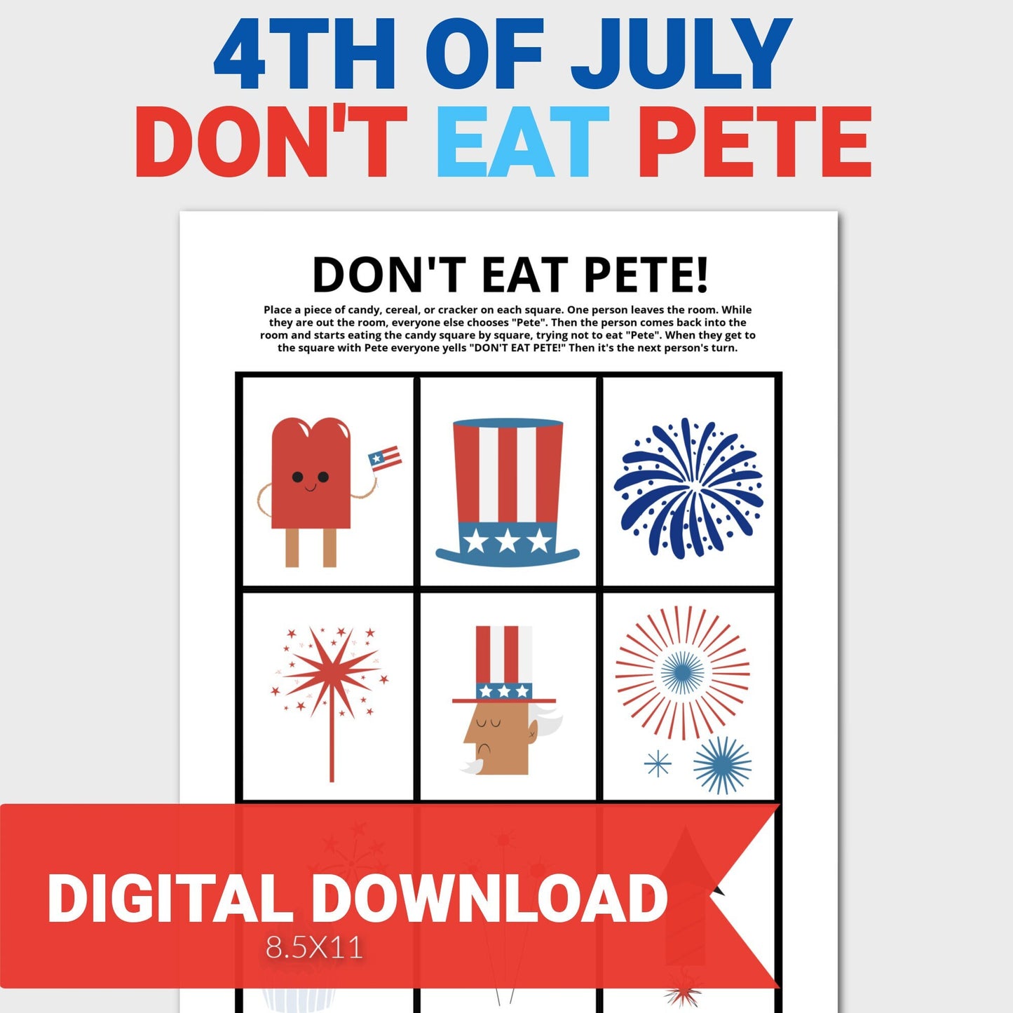 Patriotic Don't Eat Pete Game, 4th of July Games, 4th of July Party Game for Kids, Preschool Game