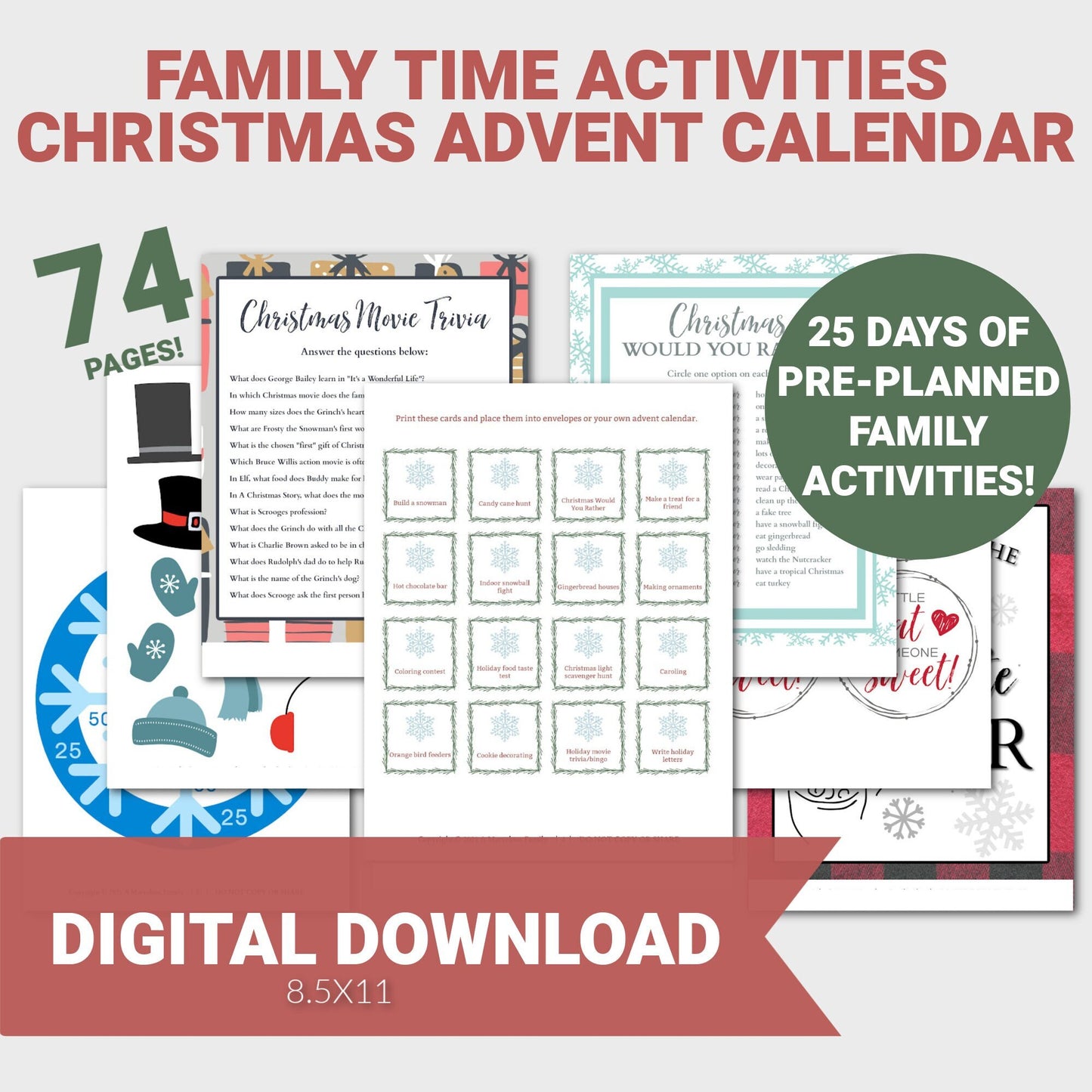 Christmas Advent Calendar of Family Activities, Printable Daily Christmas Activities, Advent Activity Cards, Family Advent Calendar, PDF