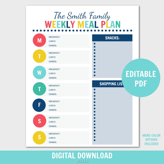 Family Weekly Meal Planner, Editable Meal Planner, Weekly Meal Planner Printable, Menu Shopping List, Minimalist Meal Planner, Editable PDF