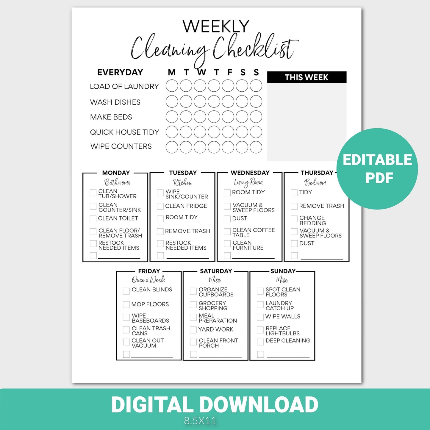 Editable Cleaning Schedule, Weekly Cleaning Checklist, Cleaning Planner, Chore List, House Chores, Instant Download, PDF