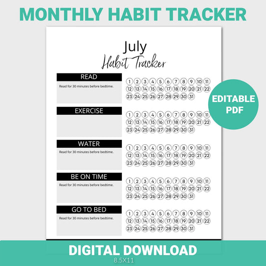 Editable Monthly Goal and Habit Tracker, Habit Log, Goal Planner, Monthly Habit Tracker Log, Editable PDF