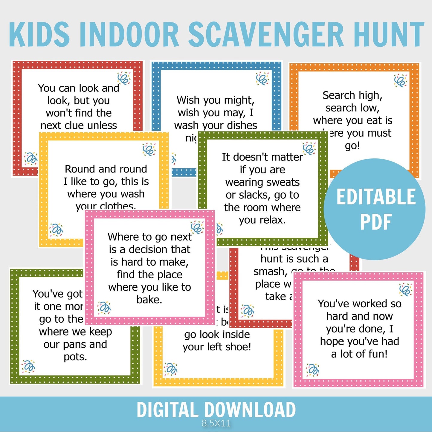 Kids Indoor Scavenger Hunt, Treasure Hunt for Kids, Treasure Hunt Template, Birthday Treasure Hunt, Clue Cards, Editable Scavenger Hunt Card