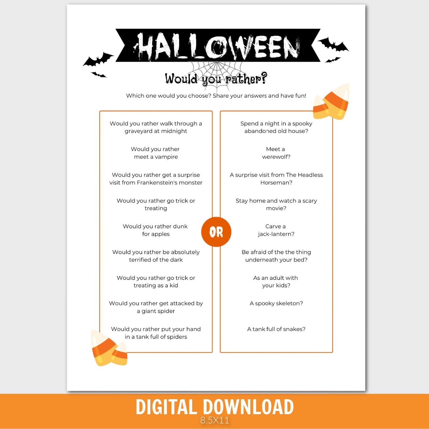 Halloween Would You Rather for Kids, Halloween Party Game, Halloween This or That, Halloween Activity for Kids, Printable Halloween Game