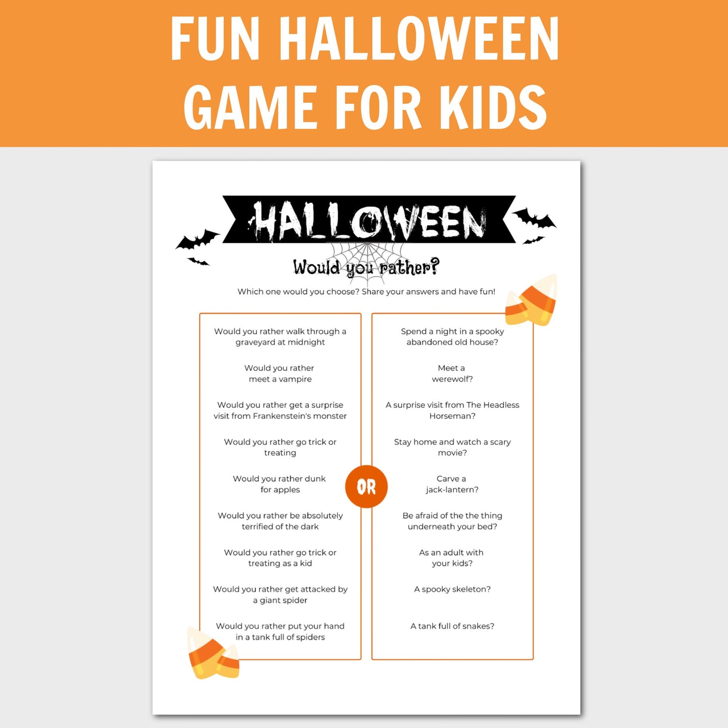 Halloween Would You Rather for Kids, Halloween Party Game, Halloween This or That, Halloween Activity for Kids, Printable Halloween Game