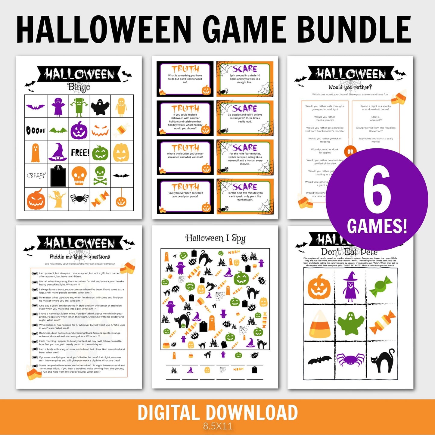 Kids Halloween Party Game Bundle, Halloween Bingo, I Spy, Truth or Scare, Riddle Me This, Would you Rather, Don't Eat Pete,  Party Games