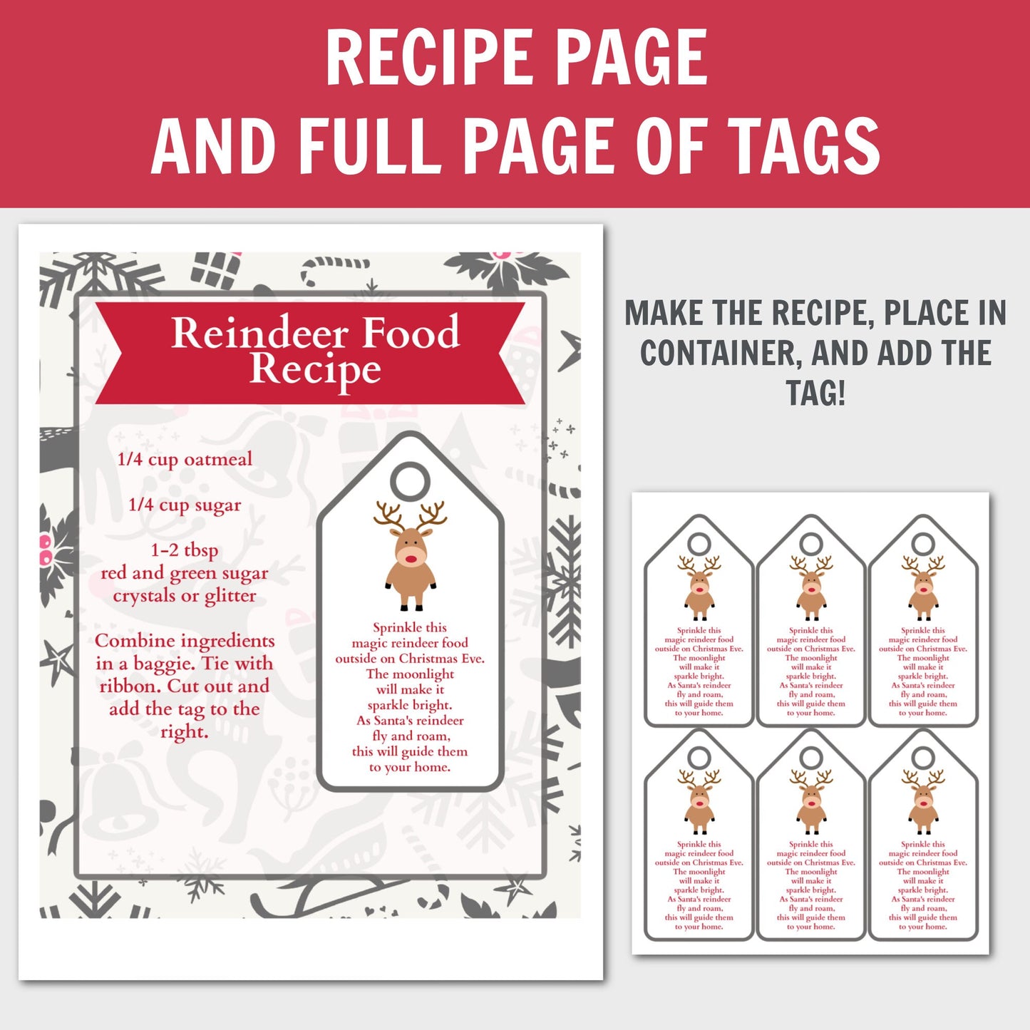 Magic Reindeer Food Tag and Recipe Printable, Reindeer Food Tag, Printable Christmas Tag, Magic Reindeer Food