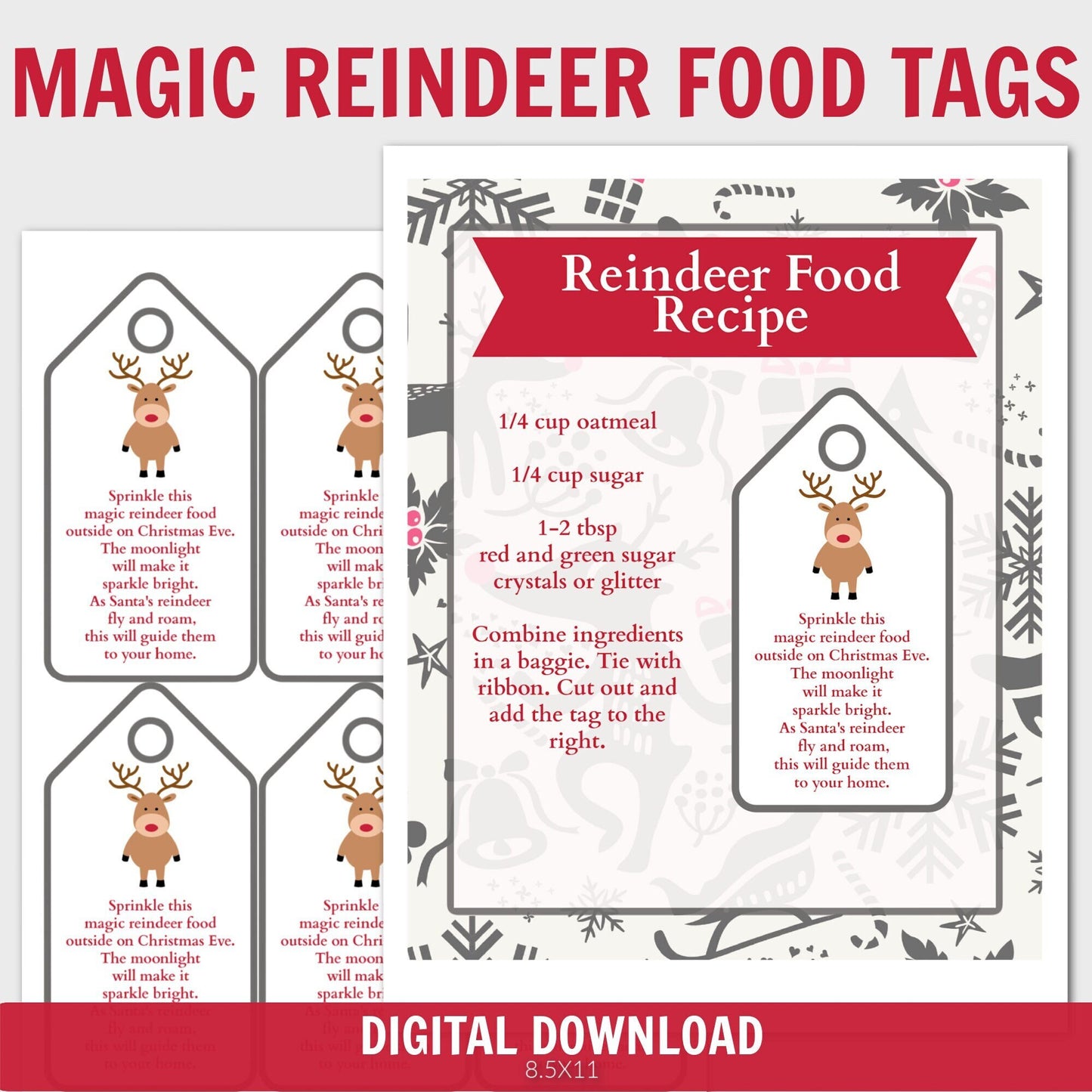 Magic Reindeer Food Tag and Recipe Printable, Reindeer Food Tag, Printable Christmas Tag, Magic Reindeer Food