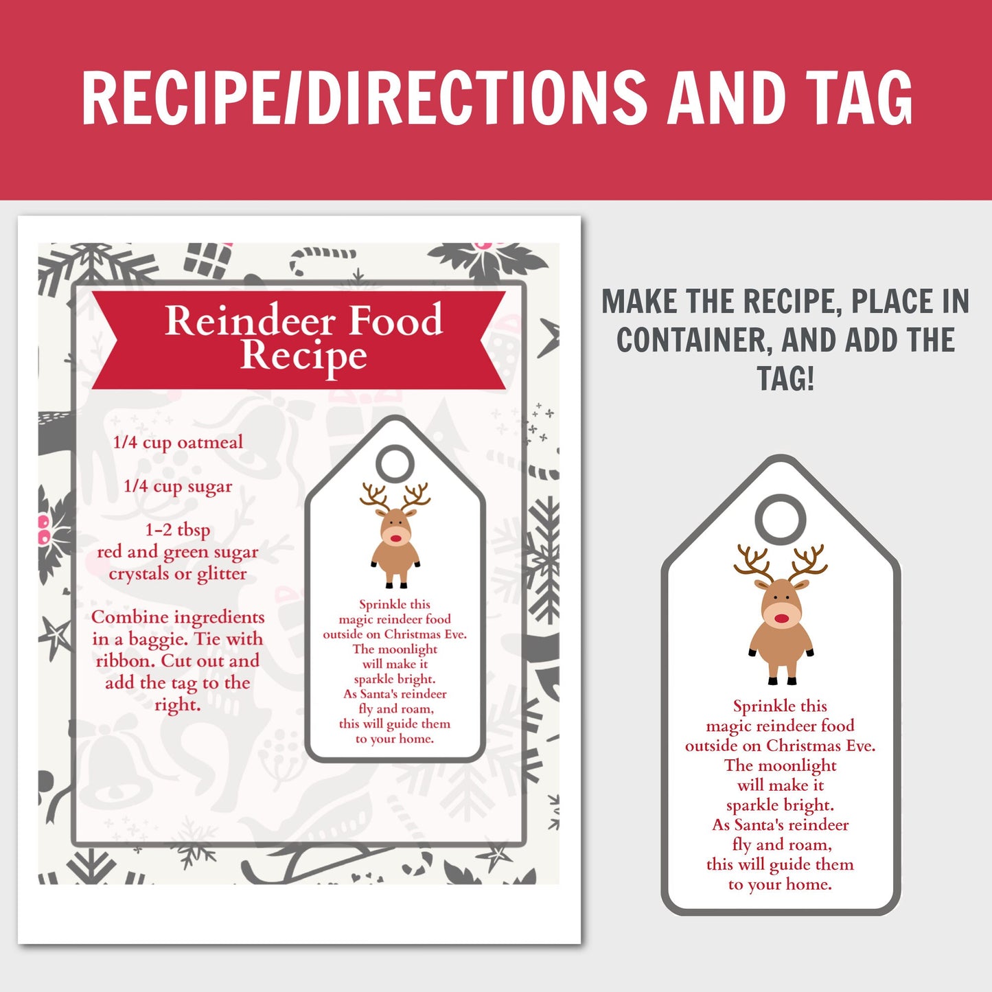 Magic Reindeer Food Tag and Recipe Printable, Reindeer Food Tag, Printable Christmas Tag, Magic Reindeer Food