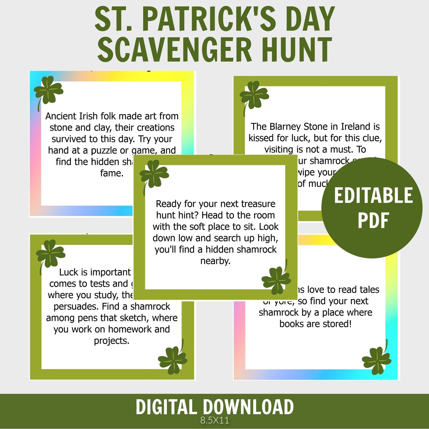 Leprechaun Treasure Hunt, Shamrock Scavenger Hunt, St. Patrick's Day Kids Game, St. Patrick's Day Indoor Activity for Kids