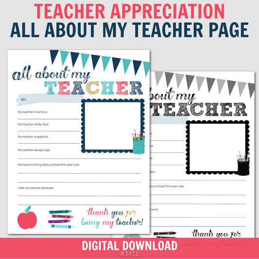 Teacher Appreciation Week Printable, All About My Teacher fill in the blank, Teacher Thank You, Teacher Coloring Page, Thank you Gift