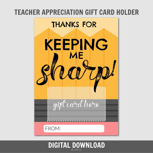 Printable Pencil Gift Card Holder, Teacher appreciation, Teacher thank you card, Teacher Gift Card Holder, Last Minute Gift, Staff Gift, PDF