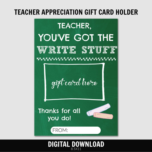 Chalk Teacher Appreciation Gift Card Holder, Teacher Thank You Card, Thank You Card, Teacher Gift From Student, PDF