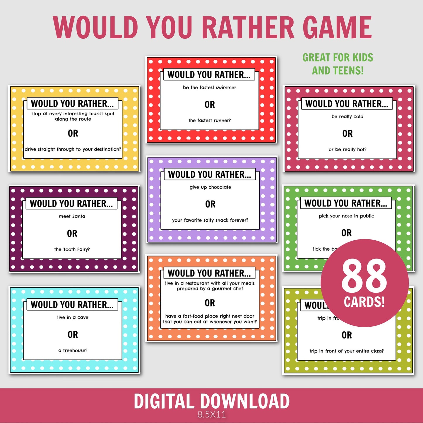 Would You Rather Game for Kids and Teens, Conversation Starters, Would You Rather Cards, Road Trip Games, Family Game, Kids Game
